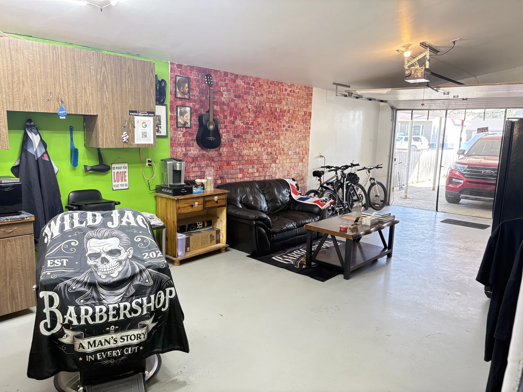Wild Jack Barbershop interior with barber chair and lounge